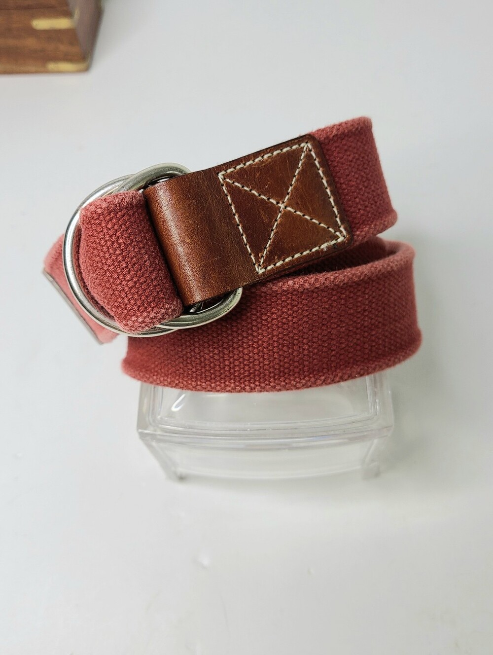 J. Crew D-Ring Made In USA Red Canvas Genuine Leather Golf Belt